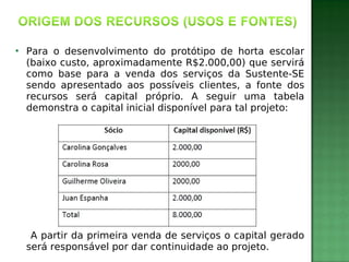 

Para o desenvolvimento do protótipo de horta escolar
(baixo custo, aproximadamente R$2.000,00) que servirá
como base para a venda dos serviços da Sustente-SE
sendo apresentado aos possíveis clientes, a fonte dos
recursos será capital próprio. A seguir uma tabela
demonstra o capital inicial disponível para tal projeto:

A partir da primeira venda de serviços o capital gerado
será responsável por dar continuidade ao projeto.

 