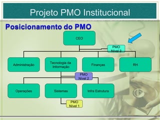 Projeto PMO Institucional

                                 CEO

                                                            PMO
                                                           Nível 3


                Tecnologia da
Administração                                Finanças                RH
                 Informação

                                    PMO
                                   Nível 2


 Operações        Sistemas               Infra Estrutura


                              PMO
                             Nível 1


                                                                          13
 
