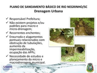 PLANO DE SANEAMENTO BÁSICO DE RIO NEGRINHO/SC

Drenagem Urbana
 Responsável Prefeitura;
 Não existem projetos e/ou
padrões para macro e
micro-drenagem;
 Recorrentes enchentes;
 Enxurrada e alagamentos
pontuais relacionados com
obstrução de tubulações,
aumento da
impermeabilização,
ocupação das APPs;
 Necessidade de estudos e
planejamento da micro e
macrodrenagem municipal.

 
