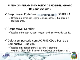 PLANO DE SANEAMENTO BÁSICO DE RIO NEGRINHO/SC

Resíduos Sólidos
 Responsável Prefeitura

SERRANA
Terceirização
 Resíduo: domiciliar, comercial, reciclável, limpeza de
logradouros.

 Responsável Gerador
 Resíduo: industrial, construção civil, serviços de saúde.

 Coleta em parceria com ACIRNE, CDL e Posto de
Combustível Tradição
 Resíduo: Especial (pilhas, baterias, óleo de
cozinha, óleos lubrificantes e resíduos de informática).

 
