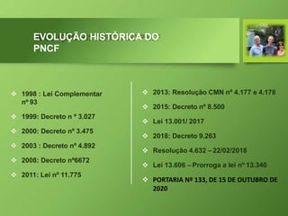 EVOLUÇÃO HISTÓRICA DO
PNCF
 1998 : Lei Complementar
nº 93
 1999: Decreto n º 3.027
 2000: Decreto nº 3.475
 2003 : Decreto nº 4.892
 2008: Decreto nº6672
 2011: Lei nº 11.775
 2013: Resolução CMN nº 4.177 e 4.178
 2015: Decreto nº 8.500
 Lei 13.001/ 2017
 2018: Decreto 9.263
 Resolução 4.632 –22/02/2018
 Lei 13.606 – Prorroga a lei nº 13.340
 PORTARIA Nº 133, DE 15 DE OUTUBRO DE
2020
 