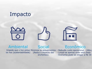 Impacto
Ambiental
Impede que o lixo polua
os rios (sustentabilidade)
Social
Minimiza os entupimentos.
(Reduz o impacto das
enchentes).
Econômico
- Redução custo operacional - (Alta p
- Limpa-se apenas onde está cheio
- Economia pode-se chegar a R$ 30
 