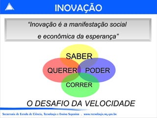 INOVAÇÃO O DESAFIO DA VELOCIDADE SABER “ Inovação é a manifestação social  e econômica da esperança” QUERER PODER CORRER 