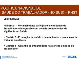 POLITICA NACIONAL DE
SAÚDE DO TRABALHADOR (NO SUS) – PNST
  DIRETRIZES


  Diretriz
          1 - Fortalecimento da Vigilância em Saúde do
 Trabalhador e integração com demais componentes da
 Vigilância em Saúde

  Diretriz 2 - Promoção da saúde e de ambientes e processos de
 trabalho saudáveis

  Diretriz 3 - Garantia da integralidade na atenção à Saúde do
 Trabalhador
 