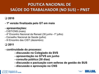 POLITICA NACIONAL DE
    SAÚDE DO TRABALHADOR (NO SUS) – PNST
 2010
- 1ª versão finalizada pelo GT em maio
- apresentações:
- CIST/CNS (maio)
- 4º Encontro Nacional da Renast (30 junho -1º julho)
- Conselho Nacional de Saúde (julho)
- III Encontro das CIST (dezembro)
 2011
- continuidade do processo:
        - discussão no Colegiado da SVS
        - apresentação no GTVS em junho
        - consulta pública (30 dias)
        - discussão e pactuação com esferas de gestão do SUS
        - discussão e aprovação no CNS
 