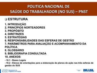 POLITICA NACIONAL DE
     SAÚDE DO TRABALHADOR (NO SUS) – PNST
 ESTRUTURA
1. INTRODUÇÃO
2. PRINCÍPIOS NORTEADORES
3. PROPÓSITO
4. DIRETRIZES
5. ESTRATÉGIAS
6. RESPONSABILIDADES DAS ESFERAS DE GESTÃO
7. PARÂMETROS PARA AVALIAÇÃO E ACOMPANHAMENTO DA
POLÍTICA
8. GLOSSÁRIO
9. BIBLIOGRAFIA CONSULTADA
10. ANEXOS
- 10.1 - Bases Legais
- 10.2 - Elenco de orientações para a elaboração de planos de ação nas três esferas de
gestão do SUS
 