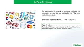 Ações de marca
Fortalecimento da marca e produtos Intelbras no
mercado, através da sua aplicação no PDV, em
materiais e mídias.
Resultado esperado: MÉDIO A LONGO PRAZO.
Tipos de ações:
Fachadas, Plotagem de veículos, Uniformes, Showroom,
Expositor de produtos, Brindes diversos, outros.
 
