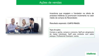 Ações de vendas
Tipos de ações:
Compre e ganhe, compre e concorra, Spiff por atingimento
de metas individuais, Spiff para produtos com sobre
estoque, Profissional Champion, outros.
Incentivos que engajem o Vendedor na oferta de
produtos Intelbras ou promovam incremento no valor
médio de compra do Revendedor.
Resultado esperado: CURTO PRAZO.
 