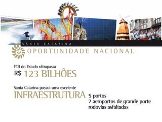 S A N T A    C A T A R I N A


       OPORTUNIDADE NACIONAL

PIB do Estado ultrapassa
R$ 123          BILHÕES
Santa Catarina possui uma excelente

INFRAESTRUTURA 5 portos de grande porte
               7 aeroportos
                                      rodovias asfaltadas
 