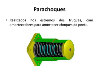 Parachoques
• Realizados nos estremos dos truques, com
amortecedores para amortecer choques da ponte.
 