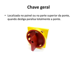 Chave geral
• Localizada no painel ou na parte superior da ponte,
quando desliga paralisa totalmente a ponte.
 