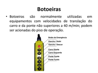Botoeiras
• Botoeiras são normalmente utilizadas em
equipamentos com velocidades de translação do
carro e da ponte não superiores a 40 m/min; podem
ser acionadas do piso de operação.
 