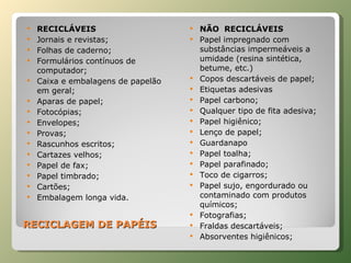 RECICLAGEM DE PAPÉIS RECICLÁVEIS Jornais e revistas; Folhas de caderno; Formulários contínuos de computador; Caixa e embalagens de papelão em geral; Aparas de papel; Fotocópias; Envelopes; Provas; Rascunhos escritos; Cartazes velhos; Papel de fax; Papel timbrado; Cartões; Embalagem longa vida. NÃO  RECICLÁVEIS Papel impregnado com substâncias impermeáveis a umidade (resina sintética, betume, etc.) Copos descartáveis de papel; Etiquetas adesivas Papel carbono; Qualquer tipo de fita adesiva; Papel higiênico; Lenço de papel; Guardanapo Papel toalha; Papel parafinado; Toco de cigarros; Papel sujo, engordurado ou contaminado com produtos químicos; Fotografias; Fraldas descartáveis; Absorventes higiênicos; 