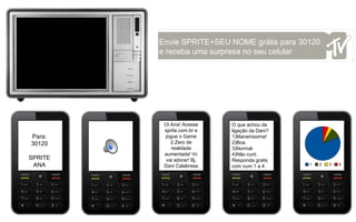 Envie SPRITE+SEU NOME grátis para 30120 e receba uma surpresa no seu celular  Para: 30120 SPRITE ANA Oi Ana! Acesse sprite.com.br e jogue o Game 2.Zero de realidade aumentada! Vc vai adorar! Bj, Dani Calabresa O que achou da ligação da Dani? 1)Maneirissima!  2)Boa.  3)Normal. 4)Não curti. Responda gratis com num 1 a 4. 