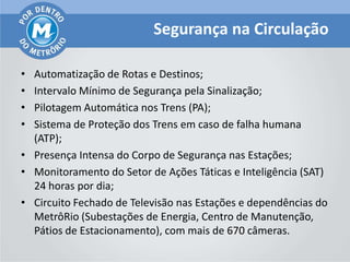 Segurança na Circulação

• Automatização de Rotas e Destinos;
• Intervalo Mínimo de Segurança pela Sinalização;
• Pilotagem Automática nos Trens (PA);
• Sistema de Proteção dos Trens em caso de falha humana
  (ATP);
• Presença Intensa do Corpo de Segurança nas Estações;
• Monitoramento do Setor de Ações Táticas e Inteligência (SAT)
  24 horas por dia;
• Circuito Fechado de Televisão nas Estações e dependências do
  MetrôRio (Subestações de Energia, Centro de Manutenção,
  Pátios de Estacionamento), com mais de 670 câmeras.
 