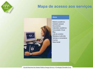 Aluno Sistema acadêmico Cadastro pessoal Documentos Calendário acadêmico Comunidade Virtual Blog Lista de contatos Biblioteca multimídia Notícias e comentários Eventos Rede Social Mapa de acesso aos serviços 