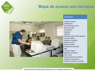 Funcionário Cadastro pessoal Classificados Aniversariante do mês Serviços do RH Comentários Helpdesk Webmail Sistemas (SIAD, REQ. Material)) Consulta pública Achados e Perdidos Galeria de fotos Notícias intranet Agendamento de salas Blog Lista de contatos Biblioteca multimídia Rede social Gerenciamento de conteúdo Gestão de documentos Sistema de notícias e eventos Mapa de acesso aos serviços 