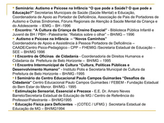 Seminário: Autismo e Psicose na Infância “O que pode a Saúde? O que pode a Educação?"  Secretarias Municipais de Saúde (Saúde Mental) e Educação, Coordenadoria de Apoio ao Portador de Deficiência, Associação de Pais de Portadores de Autismo e Outras Síndromes, Fóruns Regionais de Atenção à Saúde Mental da Criança e do Adolescente  - IEMG – BH -1996 Encontro: “A Cultura da Criança de Ensino Especial”  - Biblioteca Pública Infantil e Juvenil de BH / PBH - Palestrante: “Relatos sobre o olhar” – BH/MG – 1996 Autismo e Psicose na Infância  – “Novos Caminhos”   Coordenadoria de Apoio e Assistência à Pessoa Portadora de Deficiência – CAADE/Centro Psico-Pedagógico - CPP – FHEMIG /Secretaria Estadual de Educação – SEE – BH/MG 1996  I Encontro de Oficinas  de Cidadania   -  Coordenadoria de Direitos Humanos e Cidadania da  Prefeitura de Belo Horizonte –  BH/MG – 1995 I Encontro Intermunicipal de Cultura “Cultura, Políticas Públicas e Desenvolvimento Humano”  - Instituto Polis e Secretaria Municipal de Cultura da Prefeitura de Belo Horizonte – BH/MG -1995 I Seminário do Centro Educacional Paulo Campos Guimarães “Desafios da Cidadania”  Centro Educacional Paulo Campos Guimarães / FEBEM - Fundação Estadual do Bem Estar do Menor. BH/MG - 1995 Estimulação Sensorial, Essencial e Precoce  - E.E. Dr. Amaro Neves Barreto/Secretaria Estadual de Educação de MG / Centro de Referência do Professor/Palestrante – BH/MG1995 Educação Física para Deficientes   - (COTEC / UFMG )  Secretaria Estadual de Educação de MG – BH/MG1994 