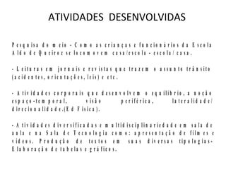 ATIVIDADES DESENVOLVIDAS

P e s q u is a d o m e io - C o m o a s c r ia n ç a s e fu n c io n á r io s d a E s c o la
A ld o d e Q u e ir o z se lo c o m o v e m c a sa /e sc o la - e s c o la / c a sa .

- L e itu r a s e m jo r n a is e r e v is ta s q u e tr a z e m o a s s u n to tr â n s ito
(a c id e n te s , o r ie n ta ç õ e s , le is) e e tc .

- A tiv id a d e s c o r p o r a is q u e d e s e n v o lv e m o e q u ilíb r io , a n o ç ã o
e sp a ç o -te m p o r a l,          v is ã o        p e r ifé r ic a ,    la te r a lid a d e /
d ir e c io n a lid a d e .( E d F is ic a ) .

- A tiv id a d e s d iv e r s ific a d a s e m u ltid isc ip lin a r ie d a d e e m sa la d e
a u la e n a S a la d e T e c n o lo g ia c o m o : a p r e se n ta ç ã o d e film e s e
v íd e o s . P r o d u ç ã o d e te x to s e m s u a s d iv e r s a s tip o lo g ia s -
E la b o r a ç ã o d e ta b e la s e g r á fic o s.
 