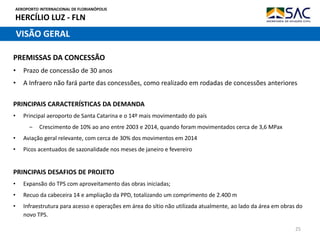 AEROPORTO INTERNACIONAL DE FLORIANÓPOLIS
HERCÍLIO LUZ - FLN
25
PRINCIPAIS CARACTERÍSTICAS DA DEMANDA
• Principal aeroporto de Santa Catarina e o 14º mais movimentado do país
‒ Crescimento de 10% ao ano entre 2003 e 2014, quando foram movimentados cerca de 3,6 MPax
• Aviação geral relevante, com cerca de 30% dos movimentos em 2014
• Picos acentuados de sazonalidade nos meses de janeiro e fevereiro
VISÃO GERAL
PRINCIPAIS DESAFIOS DE PROJETO
• Expansão do TPS com aproveitamento das obras iniciadas;
• Recuo da cabeceira 14 e ampliação da PPD, totalizando um comprimento de 2.400 m
• Infraestrutura para acesso e operações em área do sítio não utilizada atualmente, ao lado da área em obras do
novo TPS.
PREMISSAS DA CONCESSÃO
• Prazo de concessão de 30 anos
• A Infraero não fará parte das concessões, como realizado em rodadas de concessões anteriores
 