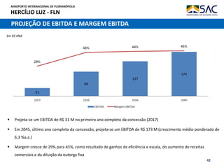AEROPORTO INTERNACIONAL DE FLORIANÓPOLIS
HERCÍLIO LUZ - FLN
42
PROJEÇÃO DE EBITDA E MARGEM EBITDA
 Projeta-se um EBITDA de R$ 31 M no primeiro ano completo da concessão (2017)
 Em 2045, último ano completo da concessão, projeta-se um EBITDA de R$ 173 M (crescimento médio ponderado de
6,3 %a.a.)
 Margem cresce de 29% para 45%, como resultado de ganhos de eficiência e escala, do aumento de receitas
comerciais e da diluição da outorga fixa
Em R$ MM
 