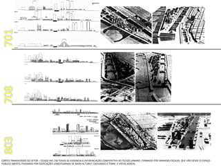 CORTES TRANSVERSAIS DO SETOR – CIDADE RIO: EM TODOS SE EVIDENCIA A DIFERENCIAÇÃO COMPOSITIVA DO TECIDO URBANO, FORMADO POR VARIADAS ESCALAS, QUE VÃO DESDE O ESPAÇO PÚBLICO ABERTO, PASSANDO POR EDIFICAÇÕES LONGITUDINAIS DE BAIXA ALTURA E CHEGANDO À TORRE. E VISTAS AÉREAS 