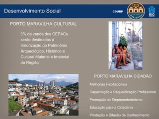 Desenvolvimento Social CDURP  3% da venda dos CEPACs serão destinados à Valorização do Patrimônio Arqueológico, Histórico e Cultural Material e Imaterial da Região PORTO MARAVILHA CULTURAL PORTO MARAVILHA CIDADÃO Melhorias Habitacionais  Capacitação e Requalificação Profissional Promoção do Empreendedorismo Educação para a Cidadania Produção e Difusão de Conhecimento 