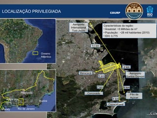 CDURP  Maracanã Corcovado Copacabana Pão de Açúcar Aeroporto Santos Dumont Aeroporto Internacional Tom Jobim 11 km 5 km 7 km 2 km 8 km 6 km Oceano Atlântico LOCALIZAÇÃO PRIVILEGIADA Características da região: Áreatotal: ~5 Milhões de m² População:  ~28 mil habitantes (2010) IDH: 0,775 Rio de Janeiro Petrópolis Angra dos Reis Búzios Paraty 