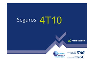 Qualidade da Carteira de Crédito
                                                                                        4T09 x                    4T09 x
R$                                                               4T09        3T09                      4T08
                                                                                          3T09                      4T08
PDD

           Seguros
Carteira (> 90 dias)
Carteira (> 180 dias)
Carteira Total*  (a)

Índice de cobertura da carteira (PDD / > 90 dias)
Índice de cobertura da carteira (PDD / > 180 dias)
                                                      4T10     70.649
                                                               74.725
                                                               46.820
                                                          1.398.582
                                                               94,5%
                                                               150,9%
                                                                           62.331
                                                                           67.023
                                                                           38.475
                                                                         1.347.703
                                                                            93,0%
                                                                           162,0%
                                                                                        13,3%
                                                                                        11,5%
                                                                                        21,7%
                                                                                          3,8%
                                                                                       1,5 p.p.
                                                                                     (11,1 p.p.)
                                                                                                     51.469
                                                                                                     56.151
                                                                                                     30.420
                                                                                                   1.330.658
                                                                                                      91,7%
                                                                                                     169,2%
                                                                                                                  37,3%
                                                                                                                  33,1%
                                                                                                                  53,9%
                                                                                                                    5,1%
                                                                                                                 2,9 p.p.
                                                                                                               (18,3 p.p.)
PDD / Carteira Total                                            5,1%         4,6%      0,5 p.p.        3,9%      1,2 p.p.
                                  (b)
Créditos Baixados a Prejuízo                                   8.754       13.250      (33,9%)        7.856       11,4%
                   (b/a)
Nível de perda                                                  0,6%         1,0%     (0,4 p.p.)       0,6%      0,0 p.p.
 * Inclui saldo da cessão com coobrigação.




                                                                   Inadimplência Paraná Banco
                                                                   Consignado (>90 dias) = 5,9%
                                                                      PME (>90 dias) = 0,8%



                                        Inadimplência SFN
                                        PF (>90 dias) = 7,8%
                                        PJ (>90 dias) = 3,8%

                                                                                                                            16
 