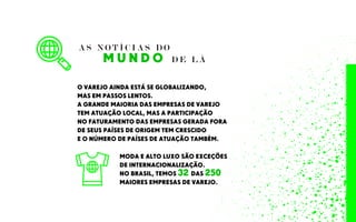 M U N D O D E L Á
O VAREJO AINDA ESTÁ SE GLOBALIZANDO,
MAS EM PASSOS LENTOS.
A GRANDE MAIORIA DAS EMPRESAS DE VAREJO
TEM ATUAÇÃO LOCAL, MAS A PARTICIPAÇÃO
NO FATURAMENTO DAS EMPRESAS GERADA FORA
DE SEUS PAÍSES DE ORIGEM TEM CRESCIDO
E O NÚMERO DE PAÍSES DE ATUAÇÃO TAMBÉM.
MODA E ALTO LUXO SÃO EXCEÇÕES
DE INTERNACIONALIZAÇÃO.
NO BRASIL, TEMOS 32 DAS 250
MAIORES EMPRESAS DE VAREJO.
A S N O T Í C I A S D O
 