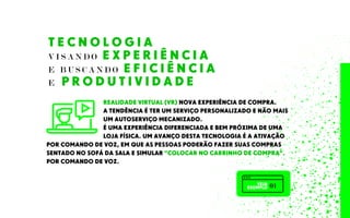 REALIDADE VIRTUAL (VR) NOVA EXPERIÊNCIA DE COMPRA.
A TENDÊNCIA É TER UM SERVIÇO PERSONALIZADO E NÃO MAIS
UM AUTOSERVIÇO MECANIZADO.
É UMA EXPERIÊNCIA DIFERENCIADA E BEM PRÓXIMA DE UMA
LOJA FÍSICA. UM AVANÇO DESTA TECNOLOGIA É A ATIVAÇÃO
POR COMANDO DE VOZ, EM QUE AS PESSOAS PODERÃO FAZER SUAS COMPRAS
SENTADO NO SOFÁ DA SALA E SIMULAR ”COLOCAR NO CARRINHO DE COMPRA”.
POR COMANDO DE VOZ.
T E C N O L O G I A
V I S A N D O E X P E R I Ê N C I A
E B U S C A N D O E F I C I Ê N C I A
E P R O D U T I V I D A D E
VEJA
EXEMPLO 01
 