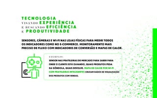 T E C N O L O G I A
V I S A N D O E X P E R I Ê N C I A
E B U S C A N D O E F I C I Ê N C I A
E P R O D U T I V I D A D E
SENSORES, CÂMERAS E WI-FI NAS LOJAS FÍSICAS PARA MEDIR TODOS
OS INDICADORES COMO NO E-COMMERCE. MONITORAMENTO MAIS
PRECISO DE FLUXO COM INDICADORES DE CONVERSÃO E MAPAS DE CALOR.
E X E M P L O S :
SENSOR NAS PRATELEIRAS DE MERCADO PARA SABER PARA
ONDE O CLIENTE ESTÁ OLHANDO, QUAIS PRODUTOS PEGA
DA GÔNDOLA, QUAIS DEVOLVE. MAPA DE CALOR POR WI-FI
COM PRATELEIRAS INTELIGENTES CRUZAM DADOS DE VISUALIZAÇÃO
DOS PRODUTOS COM VENDAS.
 