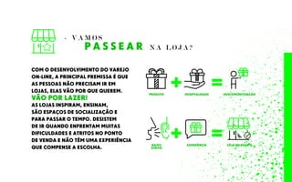 P A S S E A R N A L O J A ?
- V A M O S
COM O DESENVOLVIMENTO DO VAREJO
ON-LINE, A PRINCIPAL PREMISSA É QUE
AS PESSOAS NÃO PRECISAM IR EM
LOJAS, ELAS VÃO POR QUE QUEREM.
VÃO POR LAZER!
AS LOJAS INSPIRAM, ENSINAM,
SÃO ESPAÇOS DE SOCIALIZAÇÃO E
PARA PASSAR O TEMPO. DESISTEM
DE IR QUANDO ENFRENTAM MUITAS
DIFICULDADES E ATRITOS NO PONTO
DE VENDA E NÃO TÊM UMA EXPERIÊNCIA
QUE COMPENSE A ESCOLHA.
PRODUTO
BAIXO
ATRITO
HOSPITALIDADE
EXPERIÊNCIA
DESCOMODITIZAÇÃO
LOJA RELEVANTE
+
+
=
=
 