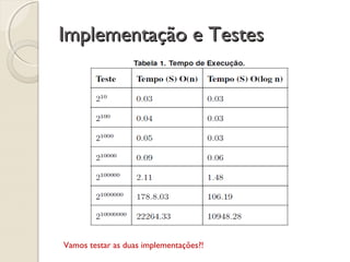 Implementação e TestesImplementação e Testes
Vamos testar as duas implementações?!
 