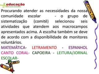 Procurando atender as necessidades da nossa
comunidade escolar          - o grupo de
sistematização (comitê) selecionou seis
atividades que atendem aos macrocampos
apresentados acima. A escolha também se deve
de acordo com a disponibilidade de monitores
voluntários.
MATEMÁTICA- LETRAMENTO - ESPANHOL
CANTO CORAL- CAPOEIRA - LEITURA/JORNAL
ESCOLAR-
 
