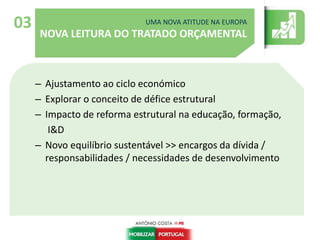 – Ajustamento ao ciclo económico
– Explorar o conceito de défice estrutural
– Impacto de reforma estrutural na educação, formação,
I&D
– Novo equilíbrio sustentável >> encargos da dívida /
responsabilidades / necessidades de desenvolvimento
UMA NOVA ATITUDE NA EUROPA
NOVA LEITURA DO TRATADO ORÇAMENTAL
03
 