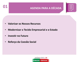 • Valorizar os Nossos Recursos
• Modernizar o Tecido Empresarial e o Estado
• Investir no Futuro
• Reforço da Coesão Social
AGENDA PARA A DÉCADA01
 