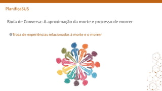 PlanificaSUS
Roda de Conversa: A aproximação da morte e processo de morrer
Troca de experiências relacionadas à morte e o morrer
 