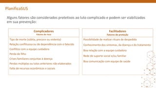PlanificaSUS
Alguns fatores são considerados protetivos ao luto complicado e podem ser viabilizados
em sua prevenção:
Complicadores
Fatores de risco
Facilitadores
Fatores de proteção
Possibilidade de realizar rituais de despedida
Conhecimento dos sintomas, da doença e do tratamento
Boa relação com a equipe cuidadora
Rede de suporte social e/ou familiar
Boa comunicação com equipe de saúde
Tipo de morte (súbita, precoce ou violenta)
Relação conflituosa ou de dependência com o falecido
Conflitos com a equipe cuidadora
Perda de filho
Crises familiares conjuntas à doença
Perdas múltiplas ou lutos anteriores não elaborados
Falta de recursos econômicos e sociais
 