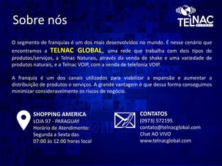 Sobre nós
O segmento de franquias é um dos mais desenvolvidos no mundo. É nesse cenário que
encontramos a TELNAC GLOBAL, uma rede que trabalha com dois tipos de
produtos/serviços, a Telnac Naturais, através da venda de shake e uma variedade de
produtos naturais, e a Telnac VOIP, com a venda de telefonia VOIP.

A franquia é um dos canais utilizados para viabilizar a expansão e aumentar a
distribuição de produtos e serviços. A grande vantagem é que dessa forma conseguimos
minimizar consideravelmente os riscos de negócio.

SHOPPING AMERICA

CONTATOS

LOJA 97 - PARAGUAY
Horário de Atendimento:
Segunda a Sexta das
07:00 ás 12:00 horas local

(0973) 572195
contato@telnacglobal.com
Chat AO VIVO
www.telnacglobal.com

 