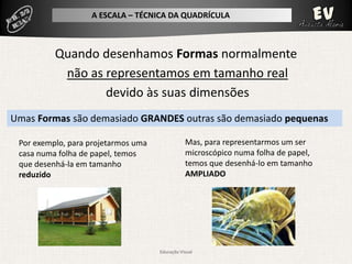 A ESCALA – TÉCNICA DA QUADRÍCULA



          Quando desenhamos Formas normalmente
           não as representamos em tamanho real
                  devido às suas dimensões
Umas Formas são demasiado GRANDES outras são demasiado pequenas

 Por exemplo, para projetarmos uma              Mas, para representarmos um ser
 casa numa folha de papel, temos                microscópico numa folha de papel,
 que desenhá-la em tamanho                      temos que desenhá-lo em tamanho
 reduzido                                       AMPLIADO




                                     Educação Visual
 