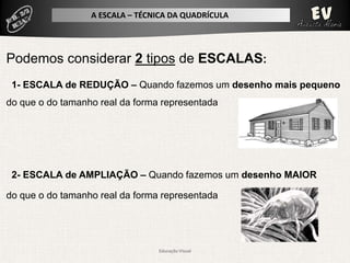 A ESCALA – TÉCNICA DA QUADRÍCULA




Podemos considerar 2 tipos de ESCALAS:
 1- ESCALA de REDUÇÃO – Quando fazemos um desenho mais pequeno
do que o do tamanho real da forma representada




 2- ESCALA de AMPLIAÇÃO – Quando fazemos um desenho MAIOR

do que o do tamanho real da forma representada




                                 Educação Visual
 