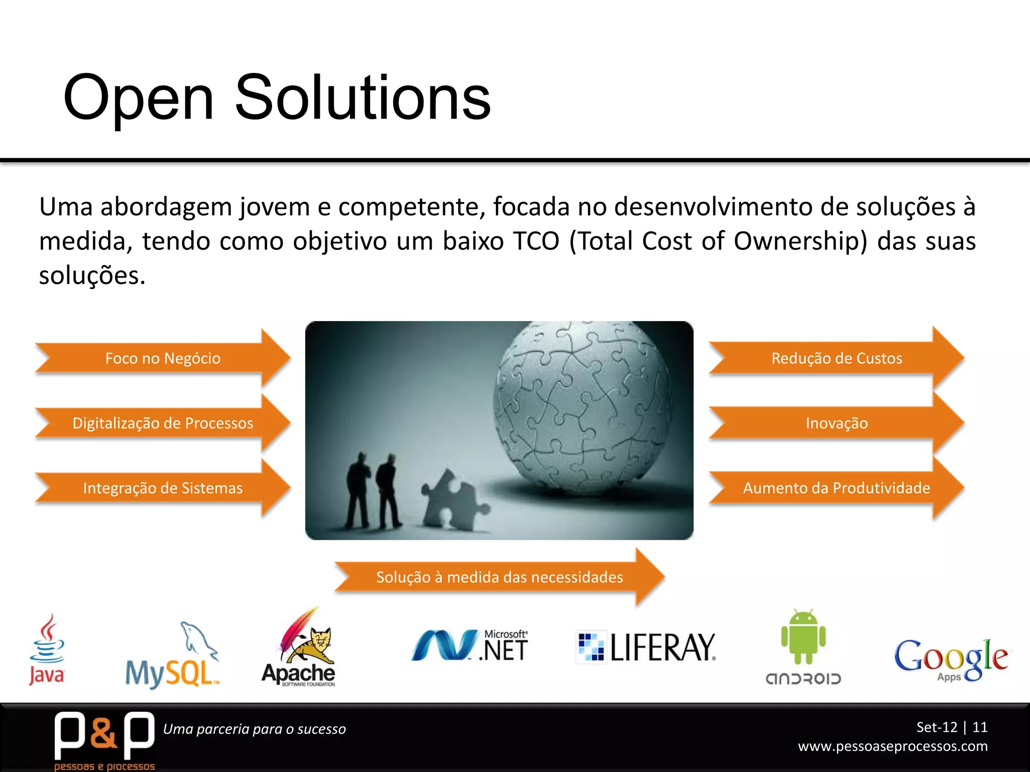 Open Solutions
Uma abordagem jovem e competente, focada no desenvolvimento de soluções à
medida, tendo como objetivo um baixo TCO (Total Cost of Ownership) das suas
soluções.

      Foco no Negócio                                                              Redução de Custos


  Digitalização de Processos                                                            Inovação


   Integração de Sistemas                                                       Aumento da Produtividade




                                            Solução à medida das necessidades




              Uma parceria para o sucesso                                                             Set-12 | 11
                                                                                       www.pessoaseprocessos.com
 