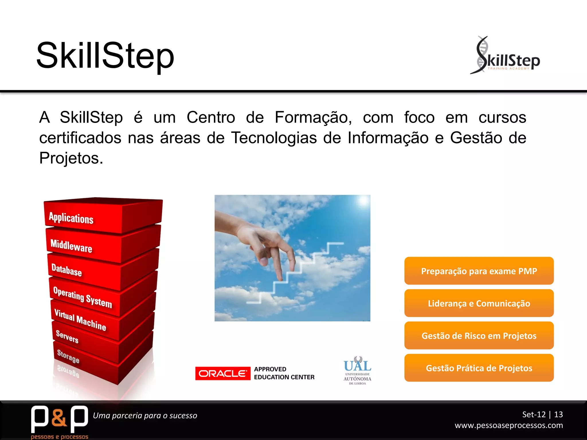 SkillStep
A SkillStep é um Centro de Formação, com foco em cursos
certificados nas áreas de Tecnologias de Informação e Gestão de
Projetos.




                                                 Preparação para exame PMP


                                                  Liderança e Comunicação


                                                 Gestão de Risco em Projetos


                                                  Gestão Prática de Projetos



      Uma parceria para o sucesso                                       Set-12 | 13
                                                         www.pessoaseprocessos.com
 