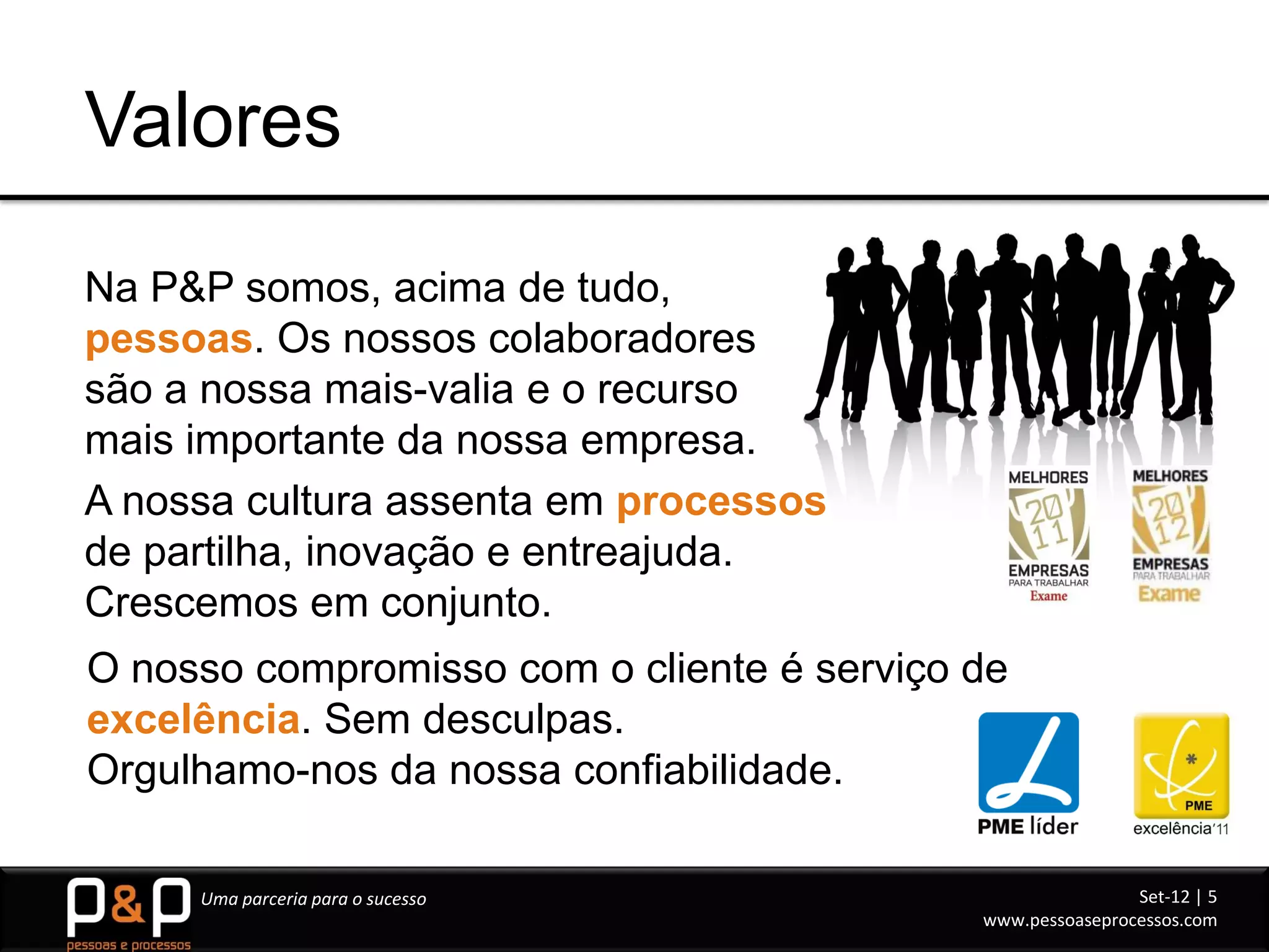 Valores
Na P&P somos, acima de tudo,
pessoas. Os nossos colaboradores
são a nossa mais-valia e o recurso
mais importante da nossa empresa.
A nossa cultura assenta em processos
de partilha, inovação e entreajuda.
Crescemos em conjunto.
O nosso compromisso com o cliente é serviço de
excelência. Sem desculpas.
Orgulhamo-nos da nossa confiabilidade.

     Uma parceria para o sucesso                            Set-12 | 5
                                            www.pessoaseprocessos.com
 
