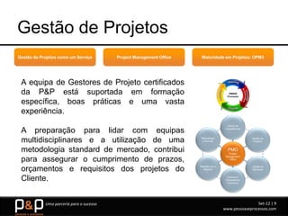 Gestão de Projetos
Gestão de Projetos como um Serviço        Project Management Office    Maturidade em Projetos: OPM3




 A equipa de Gestores de Projeto certificados
 da P&P está suportada em formação
 específica, boas práticas e uma vasta
 experiência.
                                                                                         Centro de

 A preparação para lidar com equipas                                                   Competências




 multidisciplinares e a utilização de uma                              Metodologia
                                                                        e Normas
                                                                                                      Gestão de
                                                                                                       Projecto



 metodologia standard de mercado, contribui                                              PMO
                                                                                         Project
                                                                                       Management
 para assegurar o cumprimento de prazos,                                                 Office



 orçamentos e requisitos dos projetos do                              Relação com o
                                                                         Negócio
                                                                                                      Gestão de
                                                                                                      Recursos



 Cliente.                                                                               Controlo e
                                                                                       Planeamento
                                                                                        Financeiro




            Uma parceria para o sucesso                                                               Set-12 | 9
                                                                                      www.pessoaseprocessos.com
 