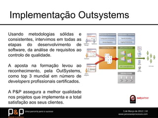 Implementação Outsystems
Usando metodologias sólidas e
consistentes, intervimos em todas as
etapas do desenvolvimento de
software, da análise de requisitos ao
controlo de qualidade.

A aposta na formação levou ao
reconhecimento, pela OutSystems,
como top 3 mundial em número de
developers profissionais certificados.

A P&P assegura a melhor qualidade
nos projetos que implementa e a total
satisfação aos seus clientes.
        Uma parceria para o sucesso         5 de Março de 2012 | 10
                                         www.pessoaseprocessos.com
 