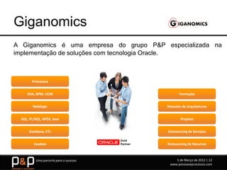 Giganomics
A Giganomics é uma empresa do grupo P&P especializada na
implementação de soluções com tecnologia Oracle.



        Primavera


     SOA, BPM, UCM                             Formação


         Weblogic                        Desenho de Arquiteturas


  SQL, PL/SQL, APEX, Java                       Projetos


      Database, ETL                      Outsourcing de Serviços


         Exadata                         Outsourcing de Recursos



          Uma parceria para o sucesso        5 de Março de 2012 | 12
                                          www.pessoaseprocessos.com
 