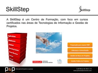 SkillStep
A SkillStep é um Centro de Formação, com foco em cursos
certificados nas áreas de Tecnologias de Informação e Gestão de
Projetos.




                                                 Preparação para exame PMP


                                                  Liderança e Comunicação


                                                 Gestão de Risco em Projetos


                                                  Gestão Prática de Projetos



      Uma parceria para o sucesso                       5 de Março de 2012 | 13
                                                     www.pessoaseprocessos.com
 