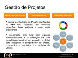 Gestão de Projetos
Gestão de Projetos como um Serviço        Project Management Office    Maturidade em Projetos: OPM3




 A equipa de Gestores de Projeto certificados
 da P&P está suportada em formação
 específica, boas práticas e uma vasta
 experiência.
                                                                                           Centro de

 A preparação para lidar com equipas                                                     Competências




 multidisciplinares e a utilização de uma                              Metodologia
                                                                        e Normas
                                                                                                        Gestão de
                                                                                                         Projecto



 metodologia standard de mercado, contribui                                                PMO
                                                                                           Project
                                                                                         Management
 para assegurar o cumprimento de prazos,                                                   Office



 orçamentos e requisitos dos projetos do                              Relação com o
                                                                         Negócio
                                                                                                        Gestão de
                                                                                                        Recursos



 Cliente.                                                                                 Controlo e
                                                                                         Planeamento
                                                                                          Financeiro




            Uma parceria para o sucesso                                                  5 de Março de 2012 | 9
                                                                                     www.pessoaseprocessos.com
 